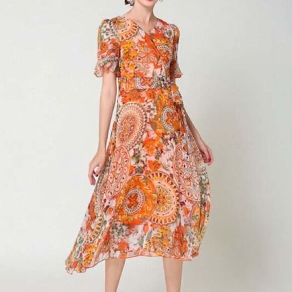 Vicky and Lucas Sz M Orange Paisley Ruffle Side Tie Cottagecore Liberty Dress - Picture 1 of 10